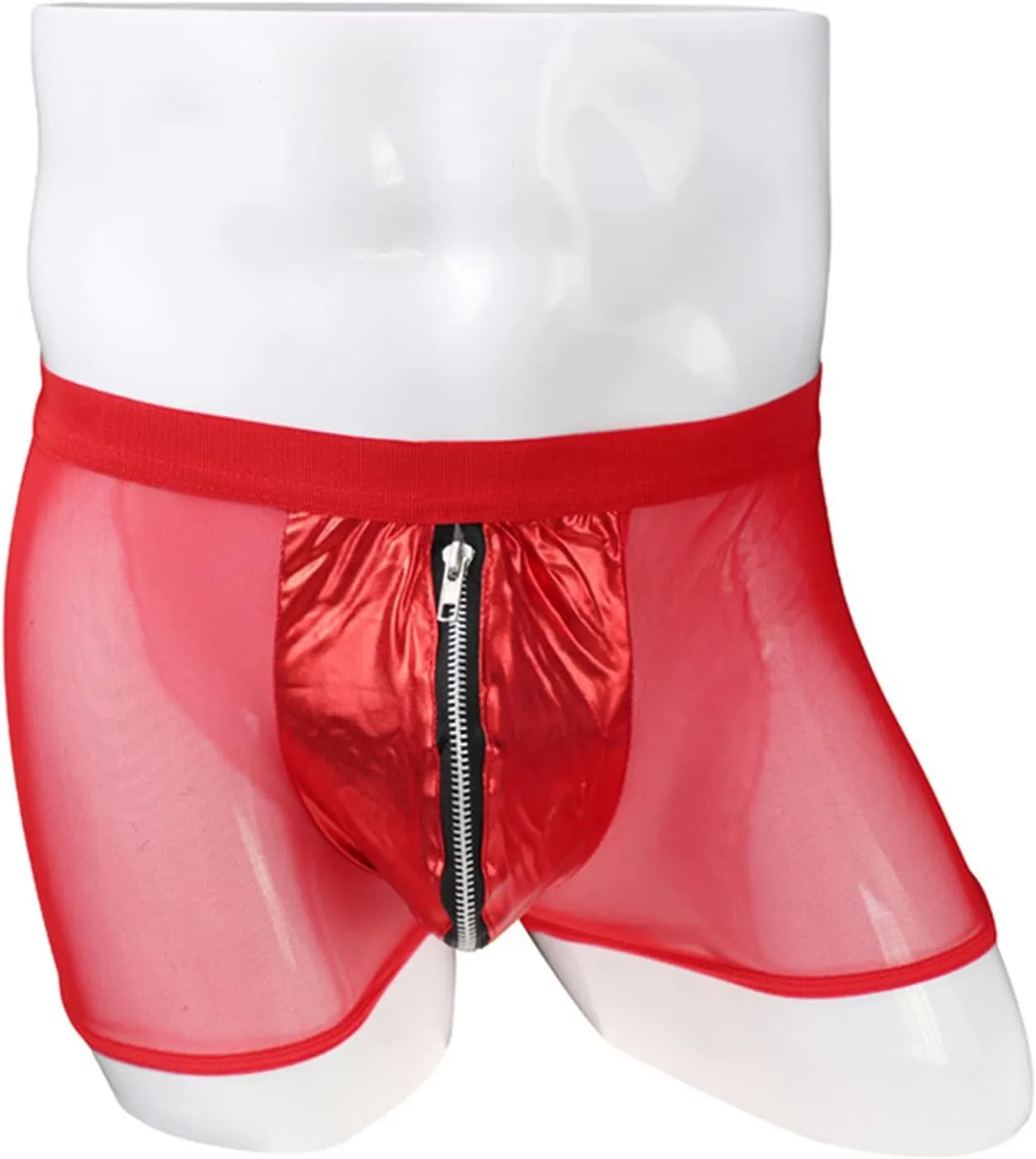 JEsilunmaMY Men's Mesh Sheer Boxer Briefs Mid Waist See Through Leather Zipper Pouch Underwear Transparent Boxer Lingerie
