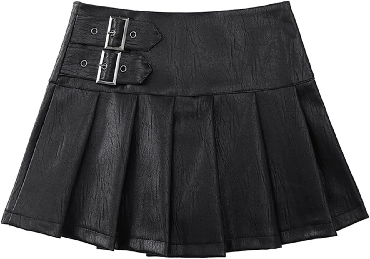 JITEM Women's PU Leather Pleated Short A Line Mini Skirt High Waist Buckled Y2k Skater Short Skirt Streetwear