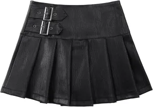 JITEM Women's PU Leather Pleated Short A Line Mini Skirt High Waist Buckled Y2k Skater Short Skirt Streetwear