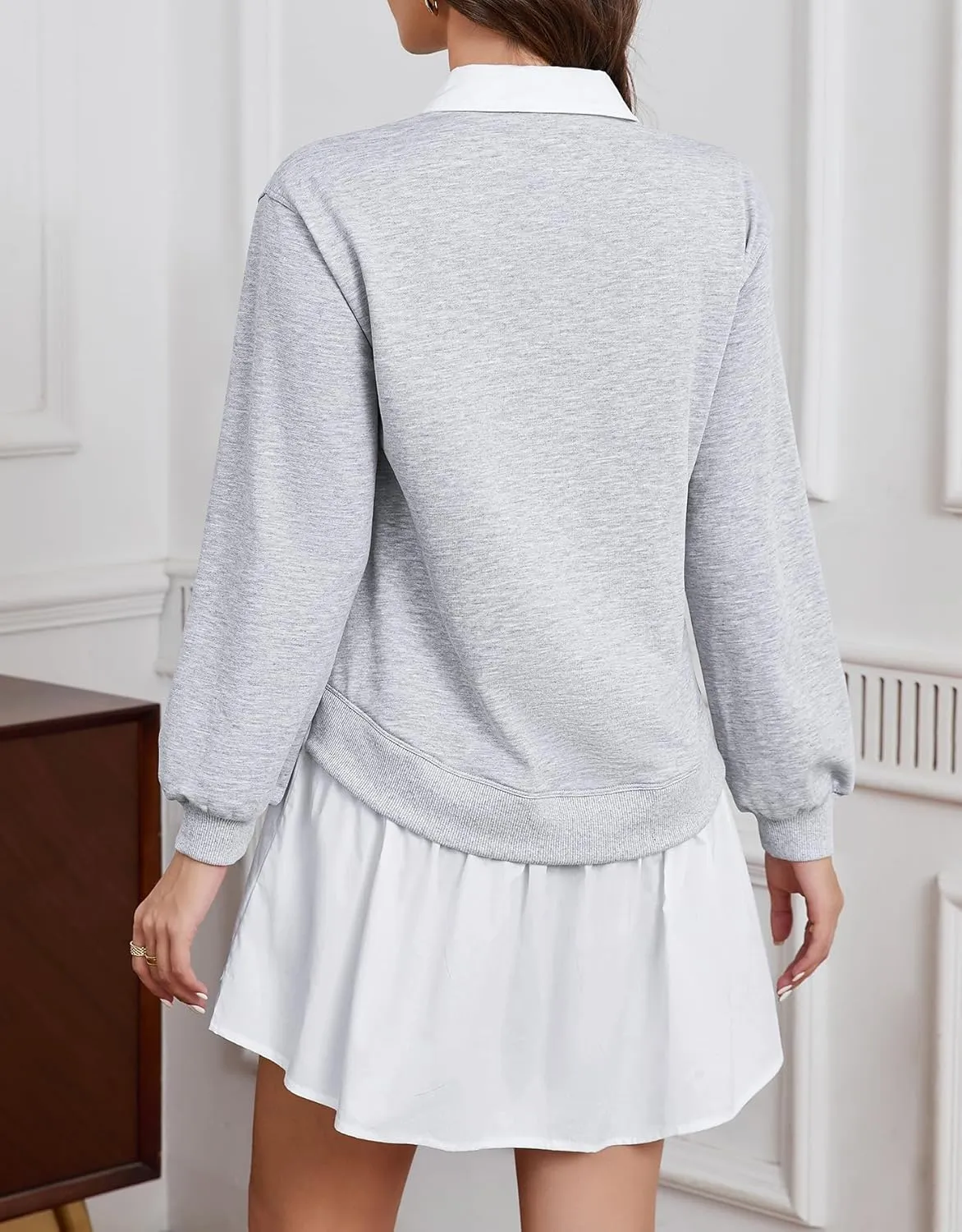 Kedera Womens Casual Sweatshirt Dress Patchwork V Neck Long Sleeve Babydoll Mini Dress Oversized Pleated Dress