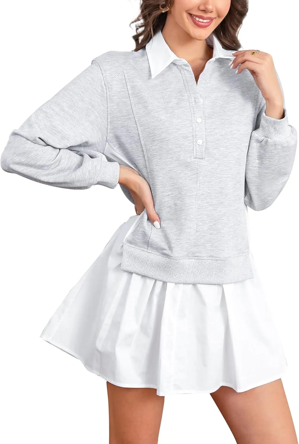 Kedera Womens Casual Sweatshirt Dress Patchwork V Neck Long Sleeve Babydoll Mini Dress Oversized Pleated Dress