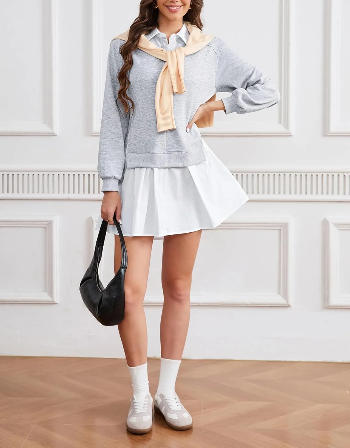 Kedera Womens Casual Sweatshirt Dress Patchwork V Neck Long Sleeve Babydoll Mini Dress Oversized Pleated Dress