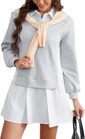 Kedera Womens Casual Sweatshirt Dress Patchwork V Neck Long Sleeve Babydoll Mini Dress Oversized Pleated Dress