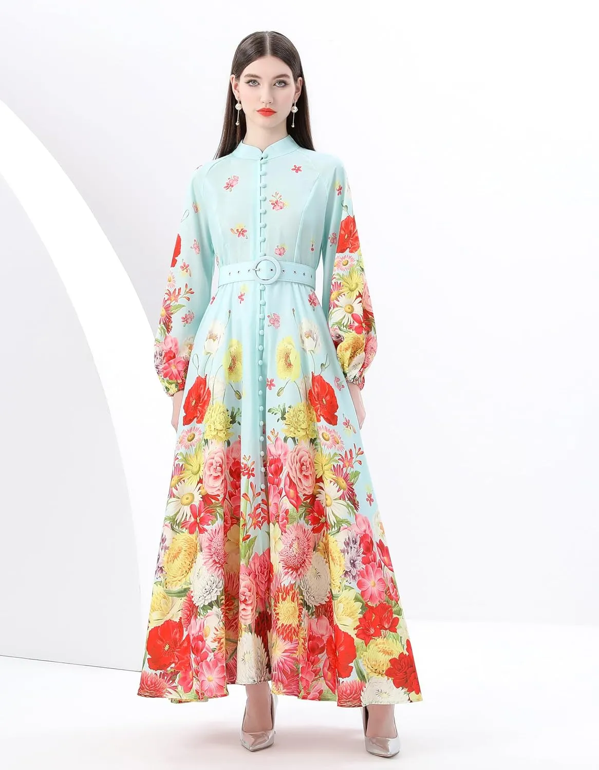 LAI MENG FIVE CATS Women's Floral Print Puff Sleeve Button Up Split Party Flowy Maxi Dress