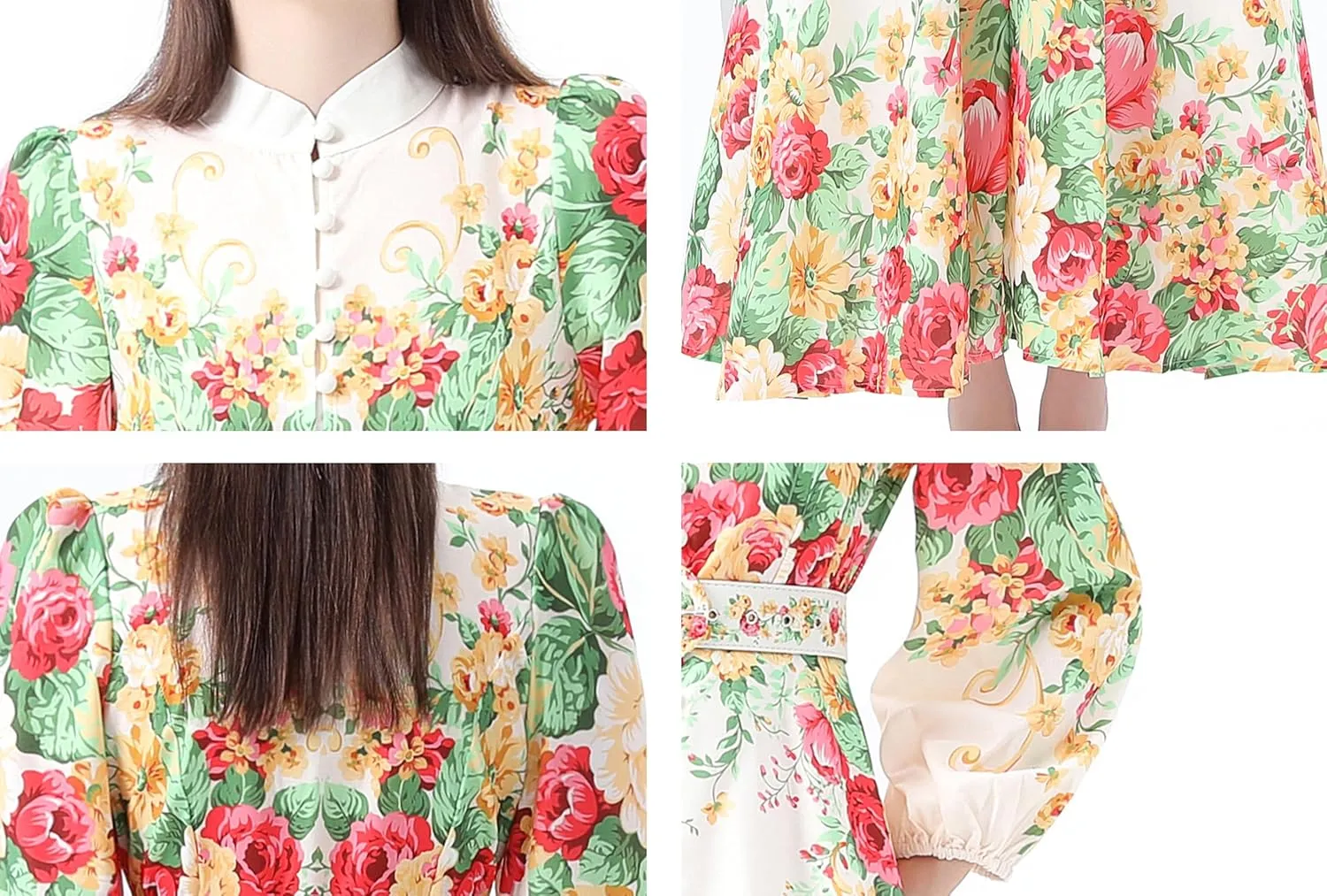LAI MENG FIVE CATS Women's Floral Print Puff Sleeve Button Up Split Party Flowy Maxi Dress