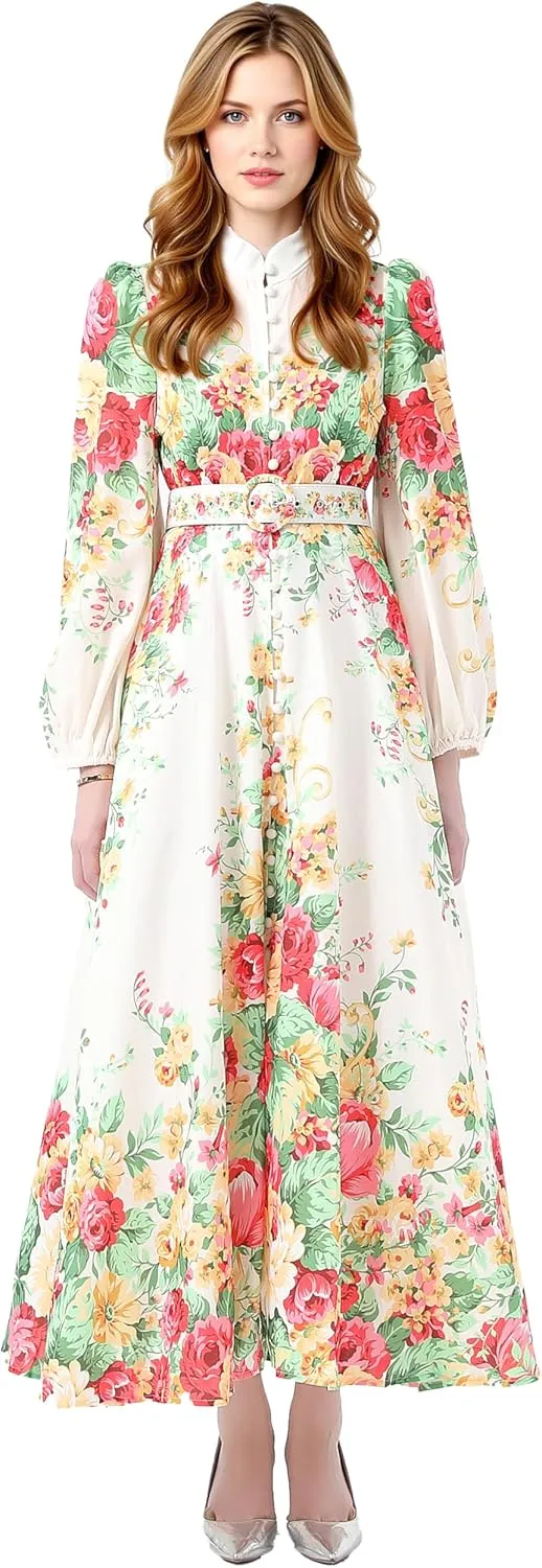 LAI MENG FIVE CATS Women's Floral Print Puff Sleeve Button Up Split Party Flowy Maxi Dress