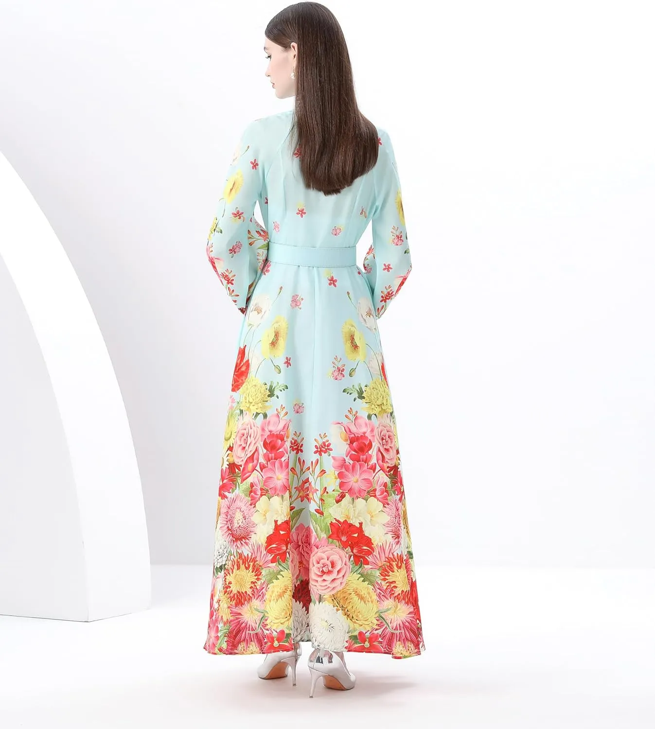 LAI MENG FIVE CATS Women's Floral Print Puff Sleeve Button Up Split Party Flowy Maxi Dress