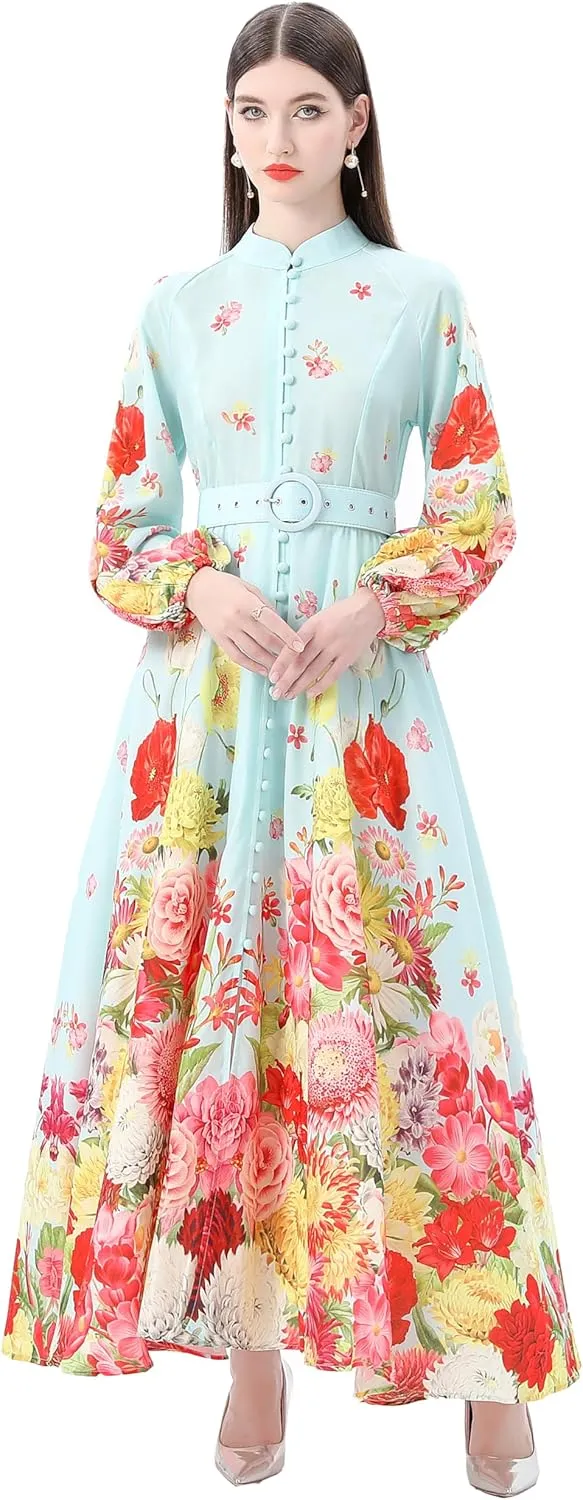 LAI MENG FIVE CATS Women's Floral Print Puff Sleeve Button Up Split Party Flowy Maxi Dress
