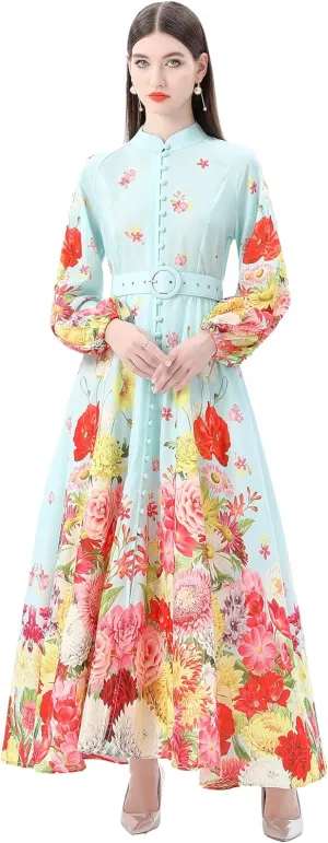 LAI MENG FIVE CATS Women's Floral Print Puff Sleeve Button Up Split Party Flowy Maxi Dress