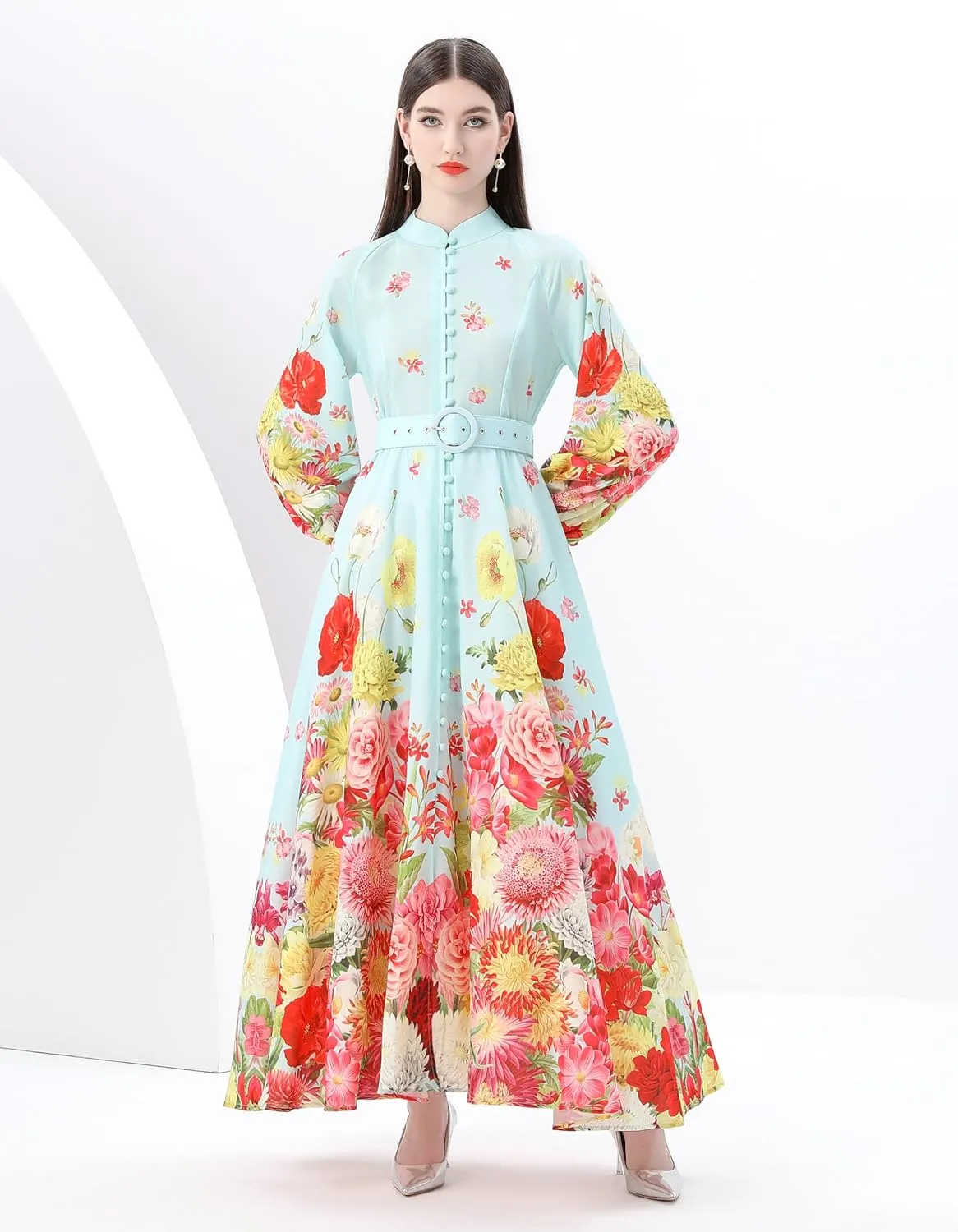 LAI MENG FIVE CATS Women's Floral Print Puff Sleeve Button Up Split Party Flowy Maxi Dress