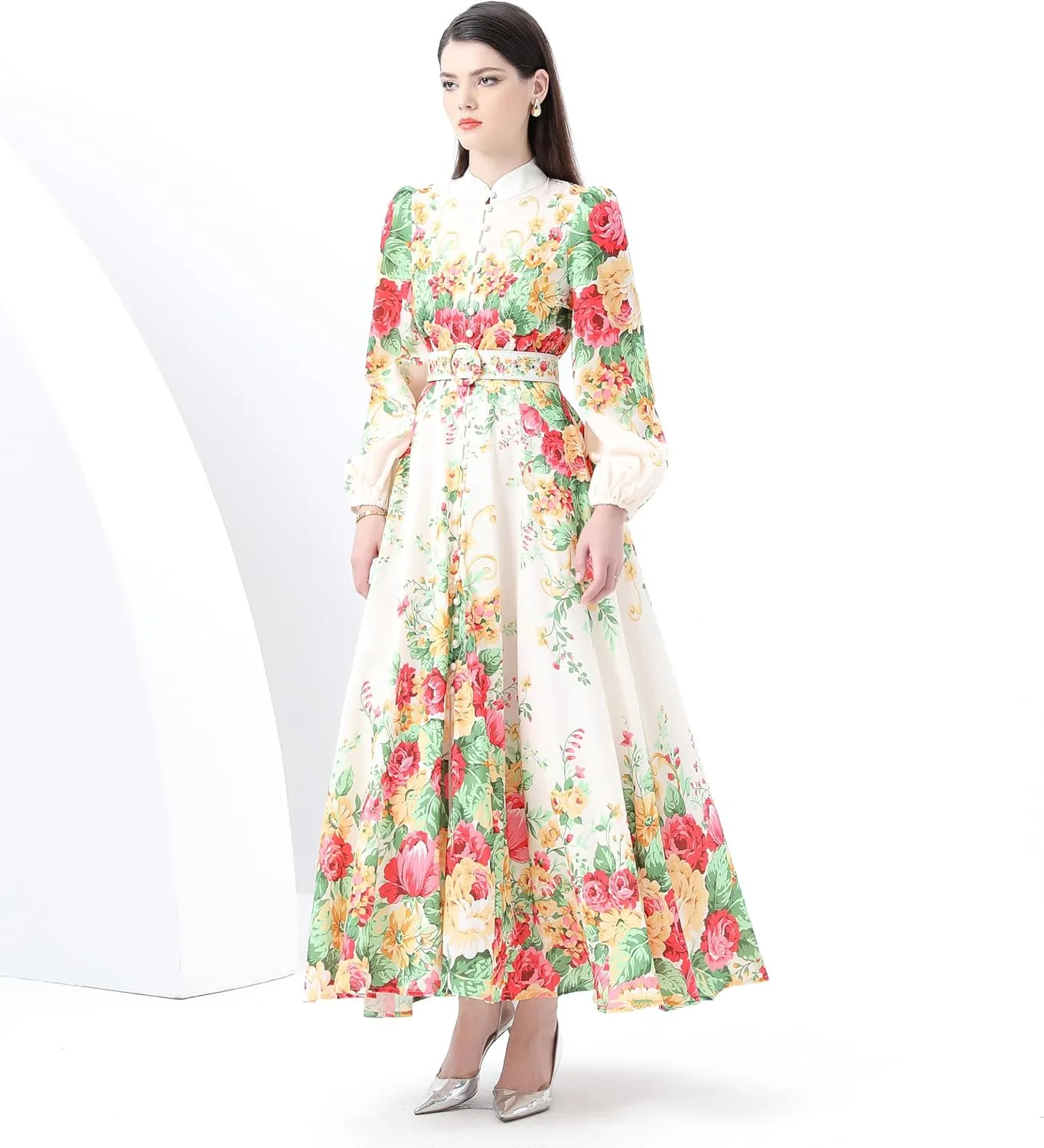 LAI MENG FIVE CATS Women's Floral Print Puff Sleeve Button Up Split Party Flowy Maxi Dress