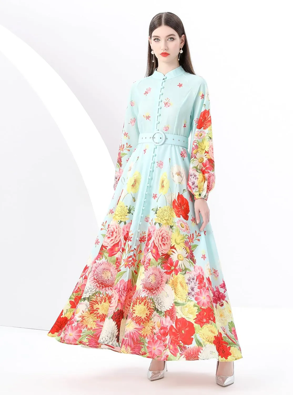 LAI MENG FIVE CATS Women's Floral Print Puff Sleeve Button Up Split Party Flowy Maxi Dress