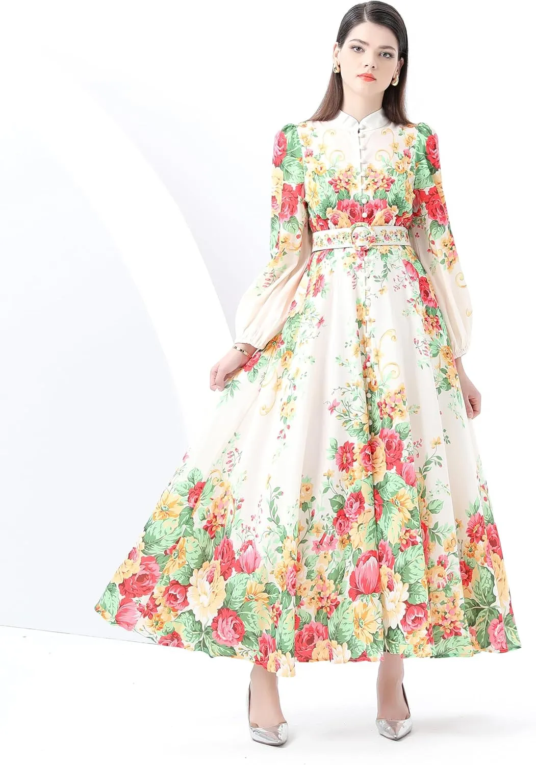 LAI MENG FIVE CATS Women's Floral Print Puff Sleeve Button Up Split Party Flowy Maxi Dress