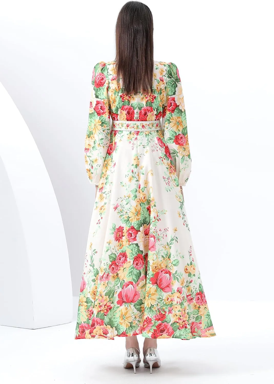 LAI MENG FIVE CATS Women's Floral Print Puff Sleeve Button Up Split Party Flowy Maxi Dress