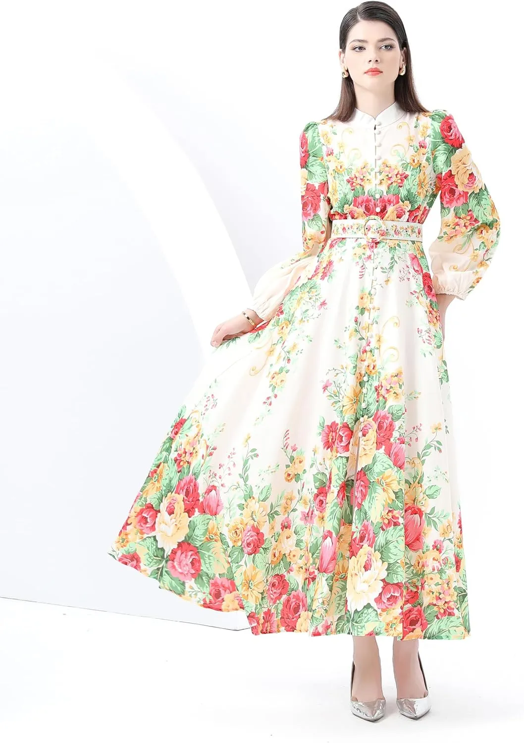 LAI MENG FIVE CATS Women's Floral Print Puff Sleeve Button Up Split Party Flowy Maxi Dress