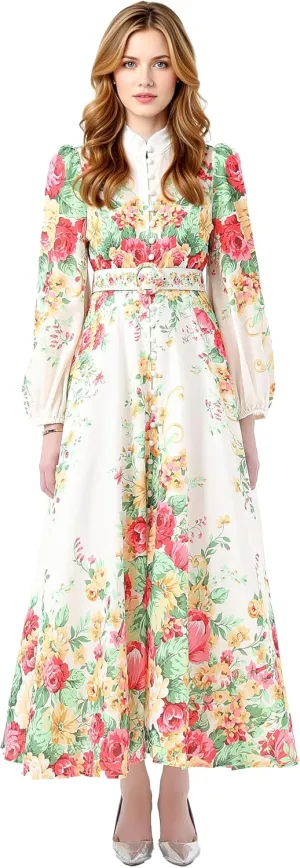 LAI MENG FIVE CATS Women's Floral Print Puff Sleeve Button Up Split Party Flowy Maxi Dress