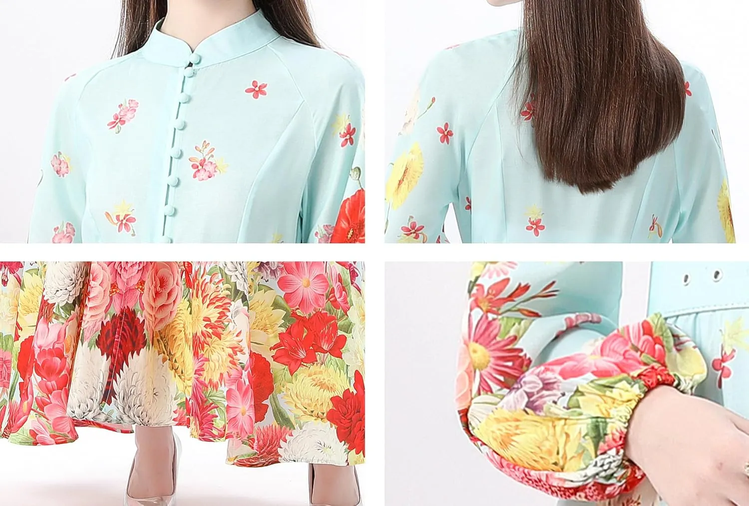 LAI MENG FIVE CATS Women's Floral Print Puff Sleeve Button Up Split Party Flowy Maxi Dress