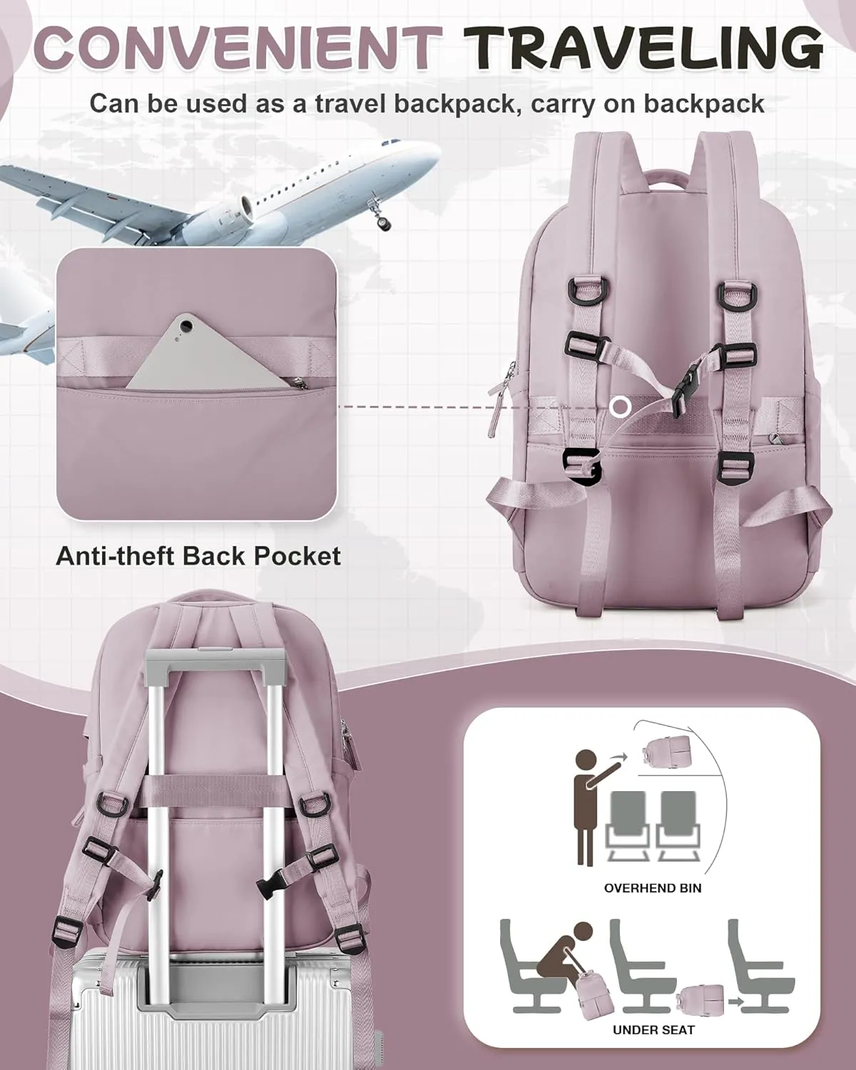 Laptop Backpack for Women Men Gym Work Backpack Casual Daypack Backpacks Small Travel Backpack for Traveling on Airplane Lightweight College Teacher Backpacks for Women Purple