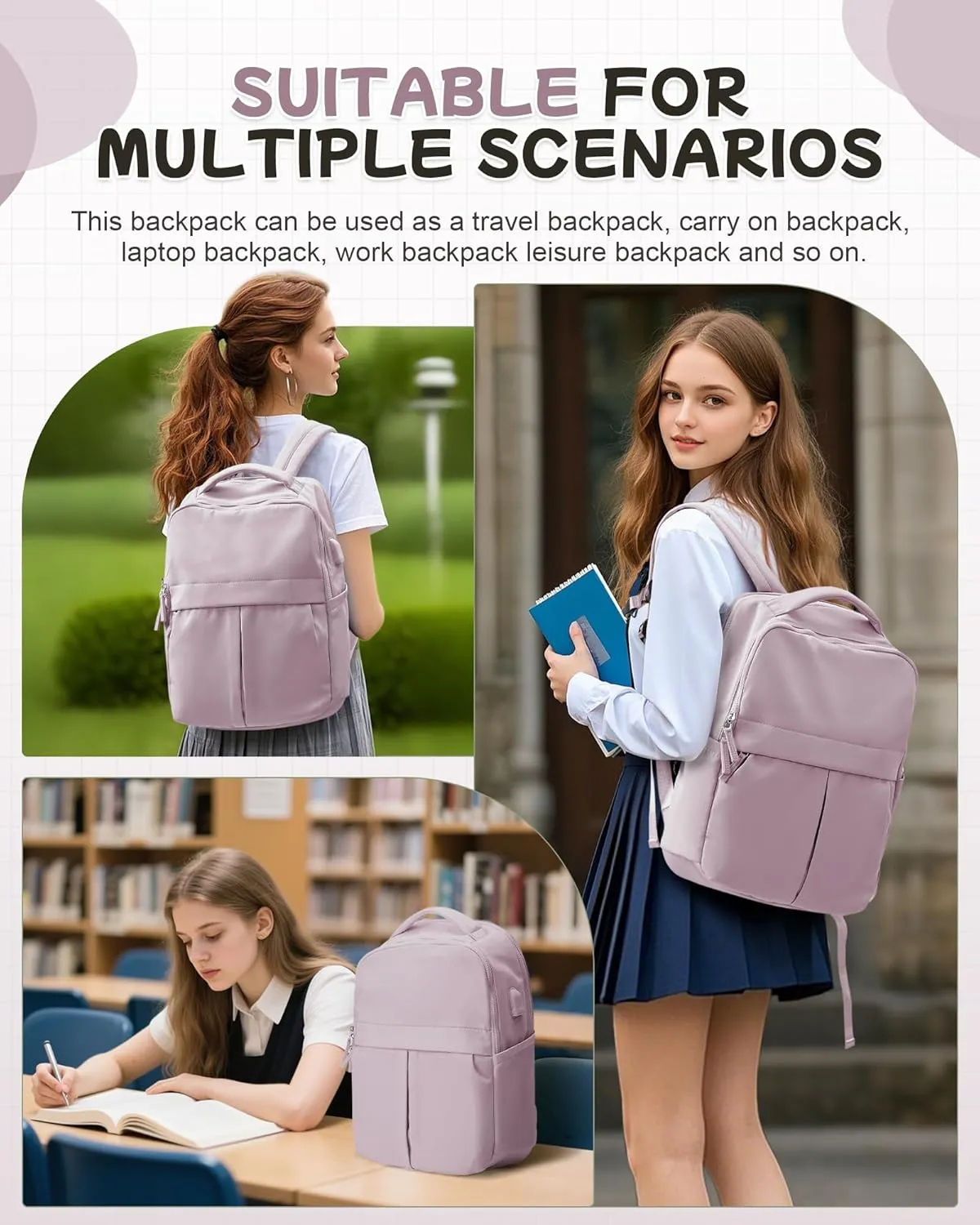 Laptop Backpack for Women Men Gym Work Backpack Casual Daypack Backpacks Small Travel Backpack for Traveling on Airplane Lightweight College Teacher Backpacks for Women Purple