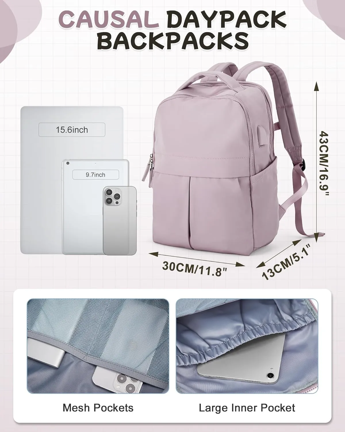 Laptop Backpack for Women Men Gym Work Backpack Casual Daypack Backpacks Small Travel Backpack for Traveling on Airplane Lightweight College Teacher Backpacks for Women Purple