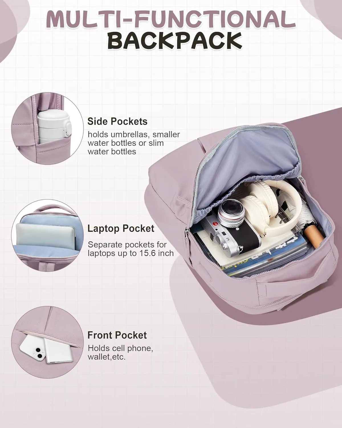 Laptop Backpack for Women Men Gym Work Backpack Casual Daypack Backpacks Small Travel Backpack for Traveling on Airplane Lightweight College Teacher Backpacks for Women Purple
