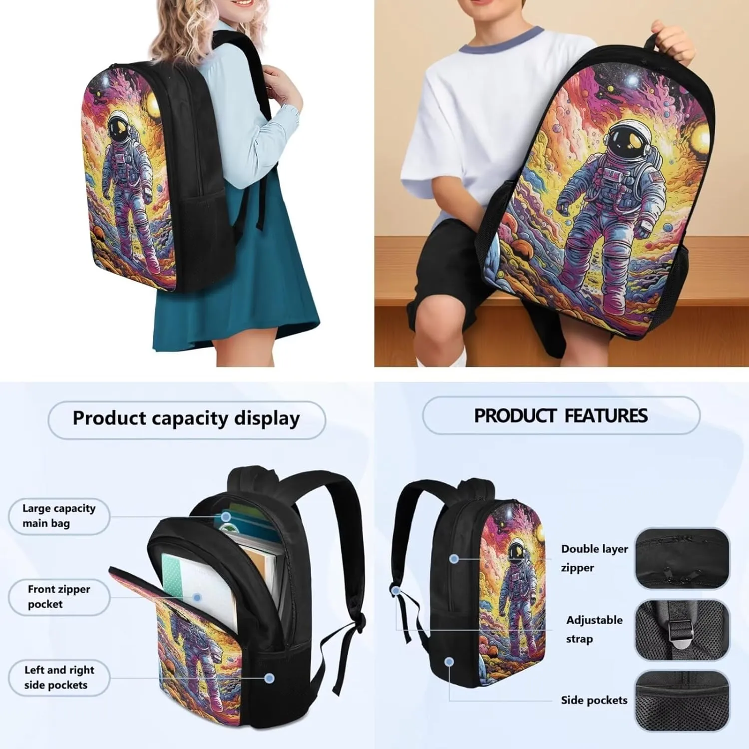 Large Capacity Kids Backpack, Astronaut Galaxy Student Bookbag School Backpack Creative Casual Daypack Schoolbags Set with Insulated Lunch Box and Pencil Bag, Set 3 In 1