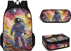 Large Capacity Kids Backpack, Astronaut Galaxy Student Bookbag School Backpack Creative Casual Daypack Schoolbags Set with Insulated Lunch Box and Pencil Bag, Set 3 In 1