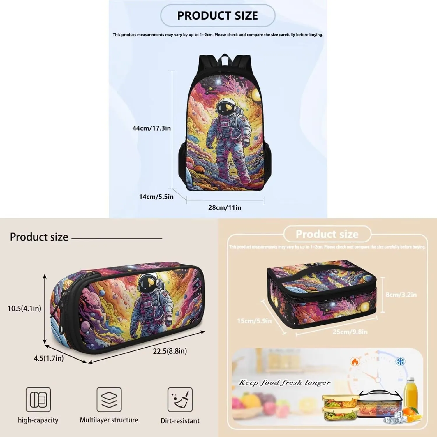 Large Capacity Kids Backpack, Astronaut Galaxy Student Bookbag School Backpack Creative Casual Daypack Schoolbags Set with Insulated Lunch Box and Pencil Bag, Set 3 In 1