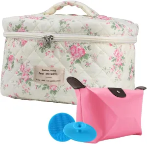 Large Travel Quilted Makeup Bag for Women, Floral Cotton Cosmetic Bag, Coquette Aesthetic Floral Toiletry Organizer Bag