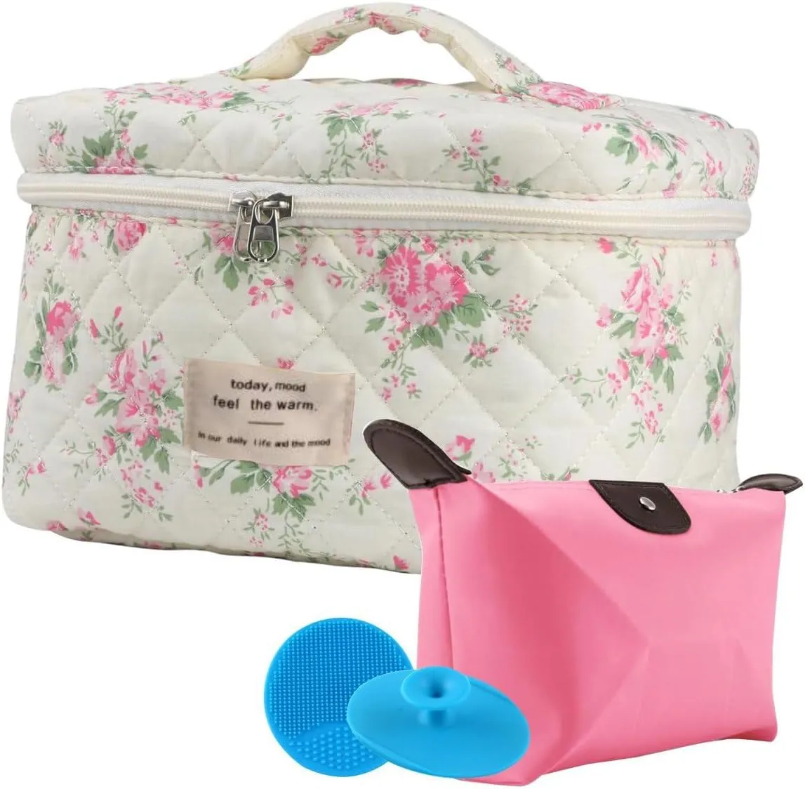Large Travel Quilted Makeup Bag for Women, Floral Cotton Cosmetic Bag, Coquette Aesthetic Floral Toiletry Organizer Bag
