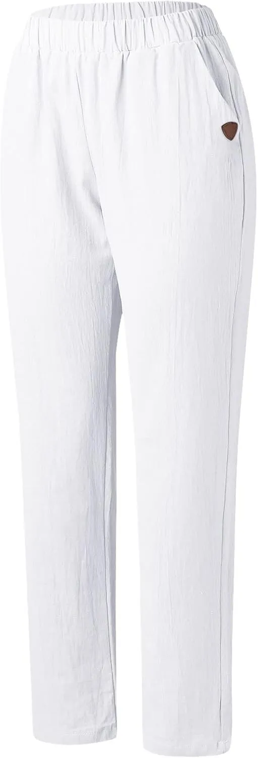 LCMTWX Cotton Pants for Women Casual Baggy Elastic Waist Trouser Wide Leg Pant with Pocket Fashion Pant Summer Pants for