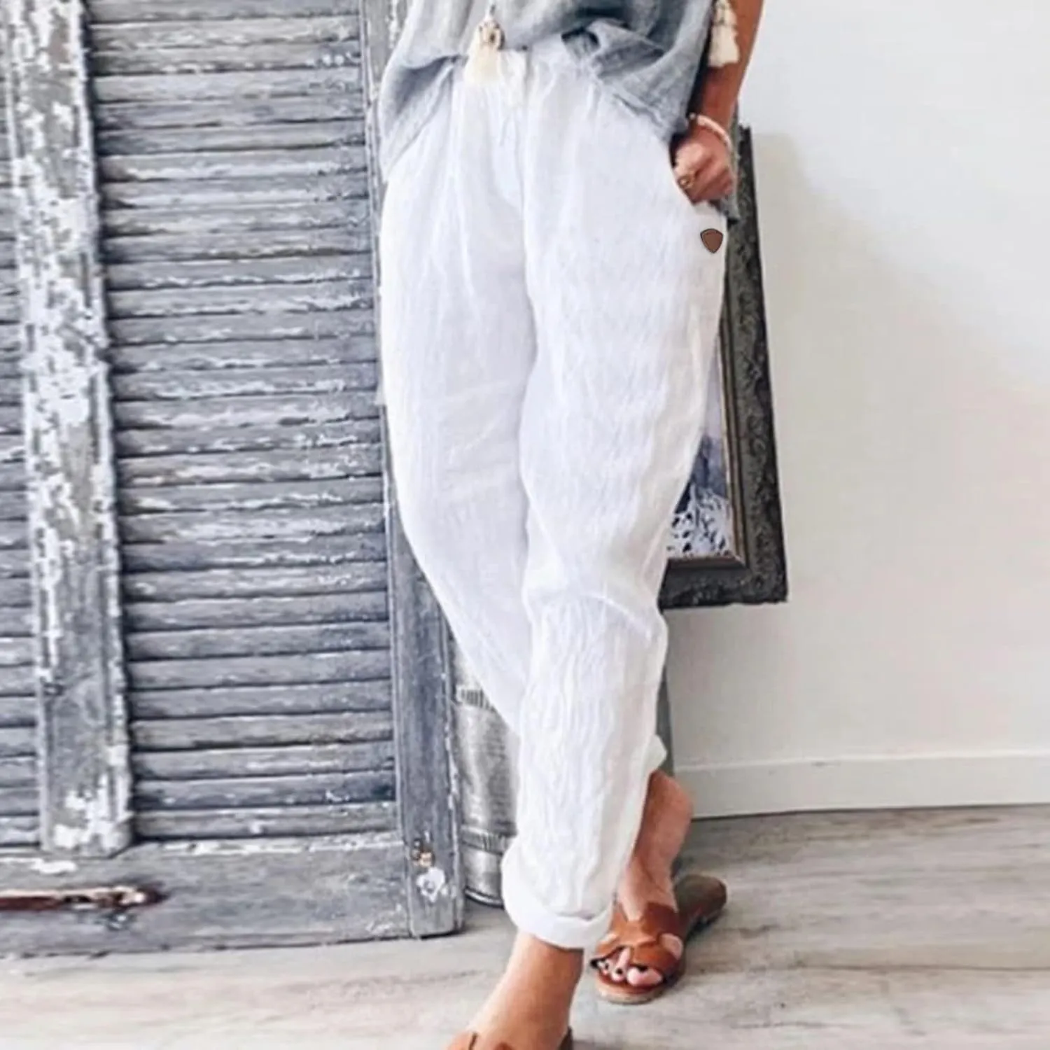 LCMTWX Cotton Pants for Women Casual Baggy Elastic Waist Trouser Wide Leg Pant with Pocket Fashion Pant Summer Pants for