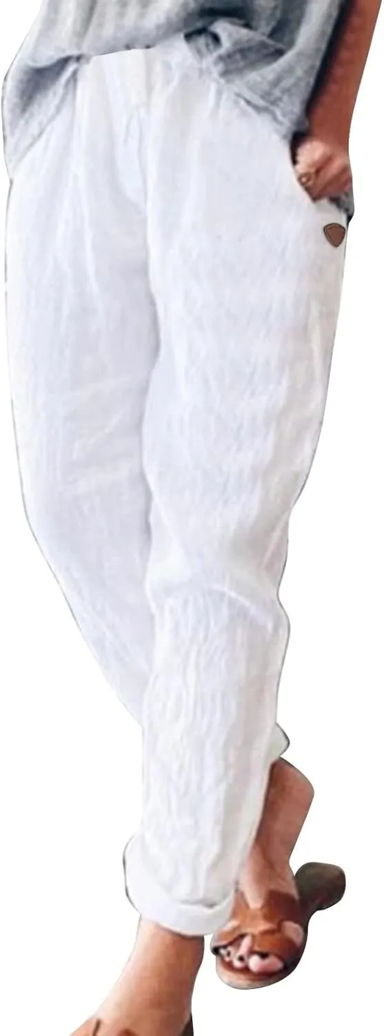LCMTWX Cotton Pants for Women Casual Baggy Elastic Waist Trouser Wide Leg Pant with Pocket Fashion Pant Summer Pants for