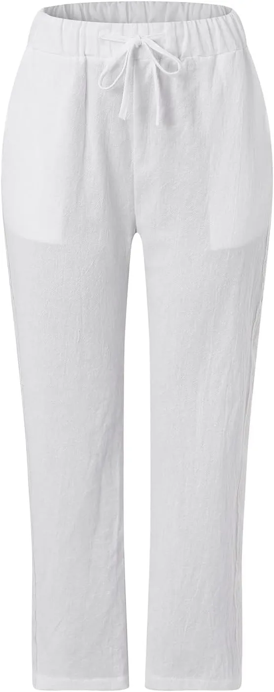 LCMTWX Vacation Linen Outfits for Women 2025 with Pockets Wide Leg Cropped Pants for Women Capri Pants 2025 Pants with