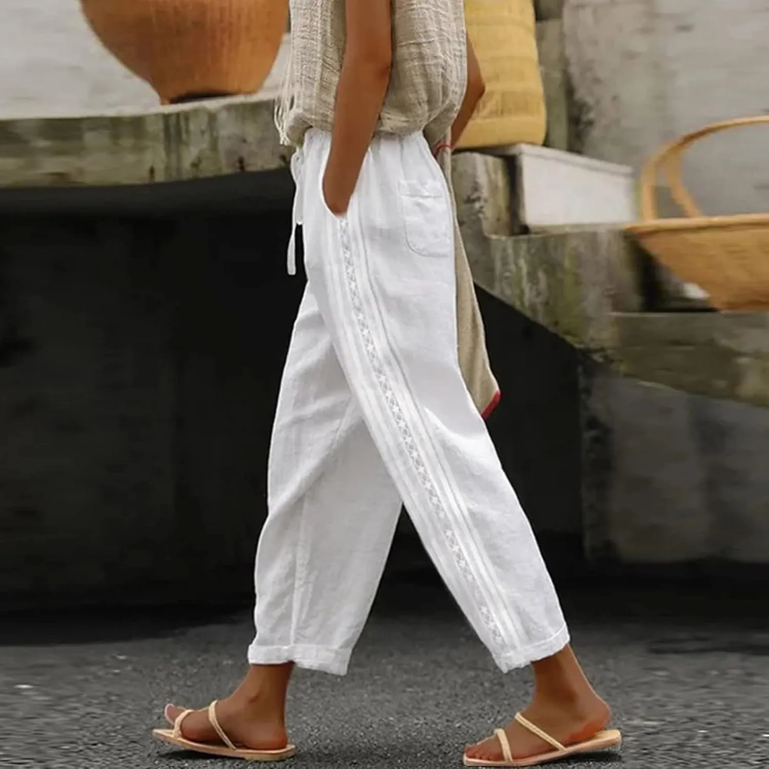 LCMTWX Vacation Linen Outfits for Women 2025 with Pockets Wide Leg Cropped Pants for Women Capri Pants 2025 Pants with