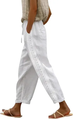 LCMTWX Vacation Linen Outfits for Women 2025 with Pockets Wide Leg Cropped Pants for Women Capri Pants 2025 Pants with
