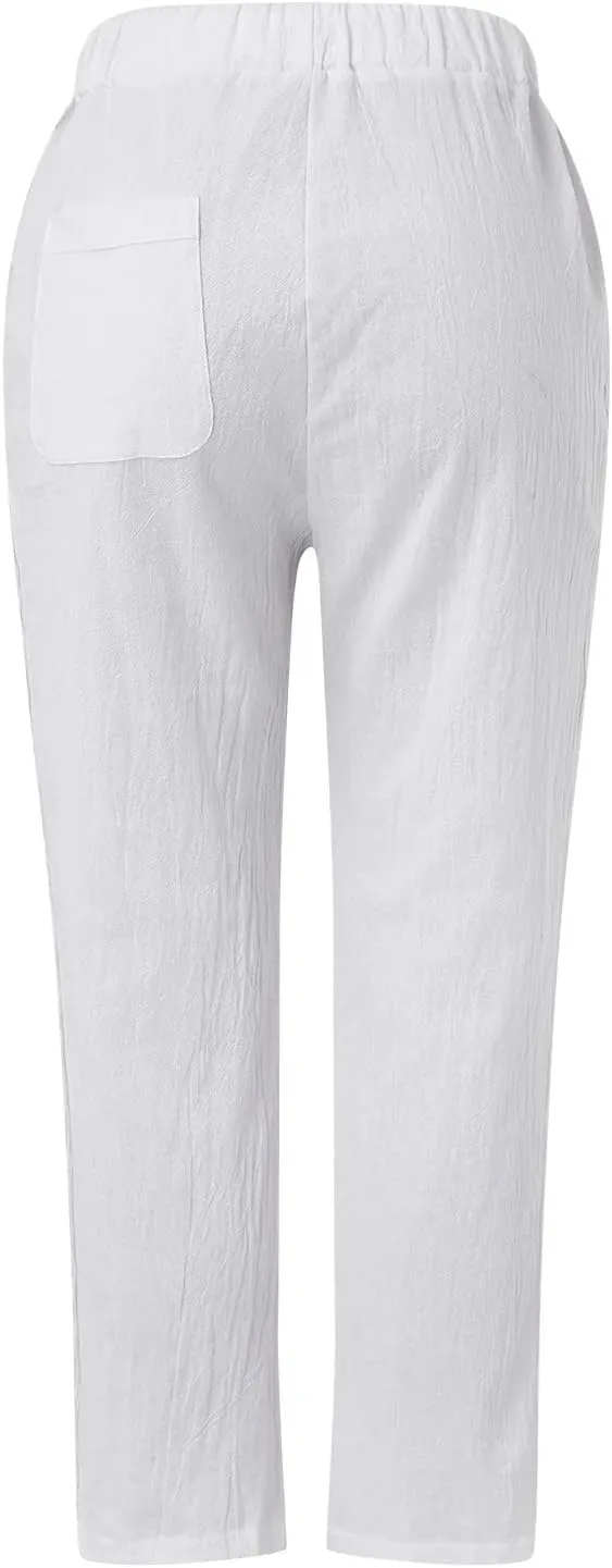 LCMTWX Vacation Linen Outfits for Women 2025 with Pockets Wide Leg Cropped Pants for Women Capri Pants 2025 Pants with