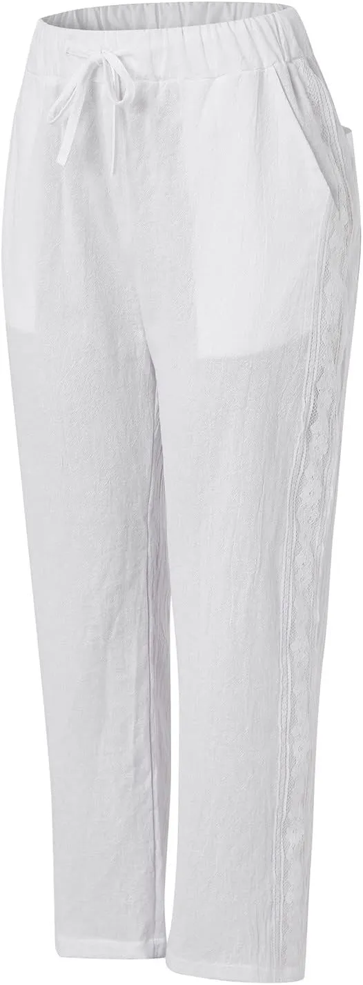 LCMTWX Vacation Linen Outfits for Women 2025 with Pockets Wide Leg Cropped Pants for Women Capri Pants 2025 Pants with