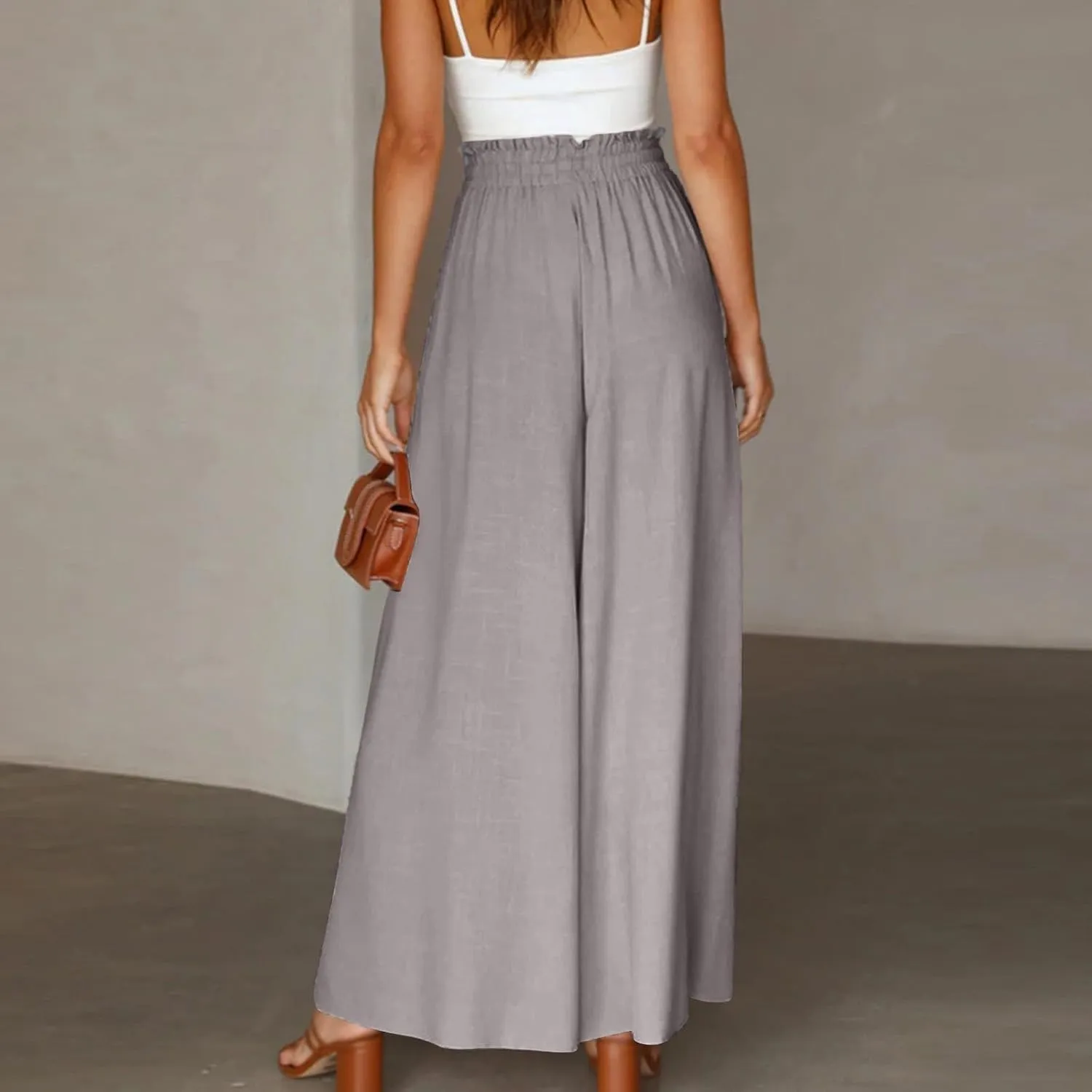 lcyhony Wide Leg Pants Women Lightweight Flowy High Waisted Palazzo Pants Casual Vacation Travel Culottes Pants with Pockets