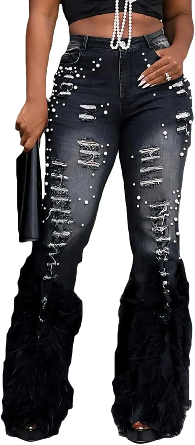 LETSVDO Women's Flare Ripped Pearl Jeans High Waist Distressed Feather Bell Bottom Stretchy Denim Pants