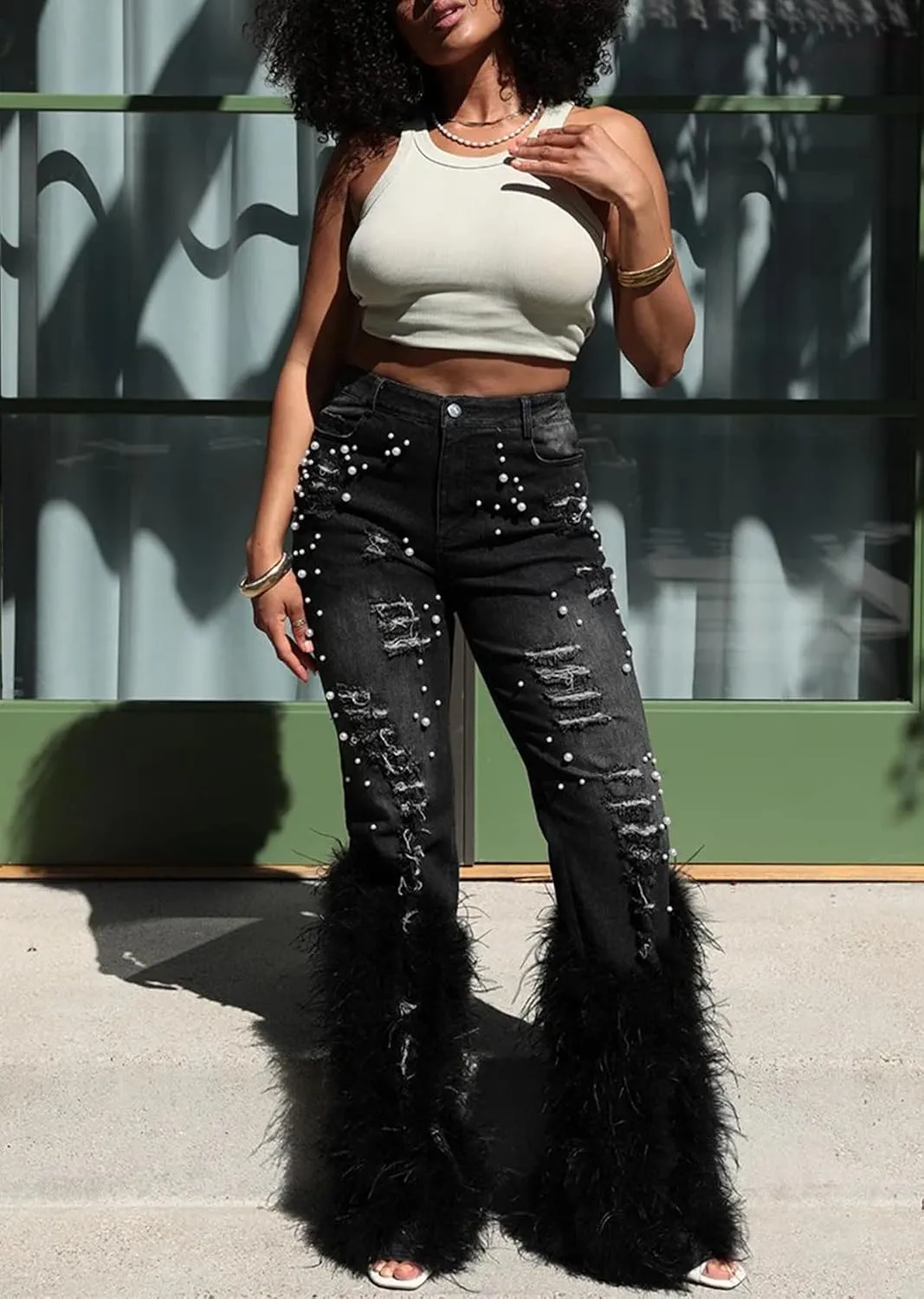 LETSVDO Women's Flare Ripped Pearl Jeans High Waist Distressed Feather Bell Bottom Stretchy Denim Pants