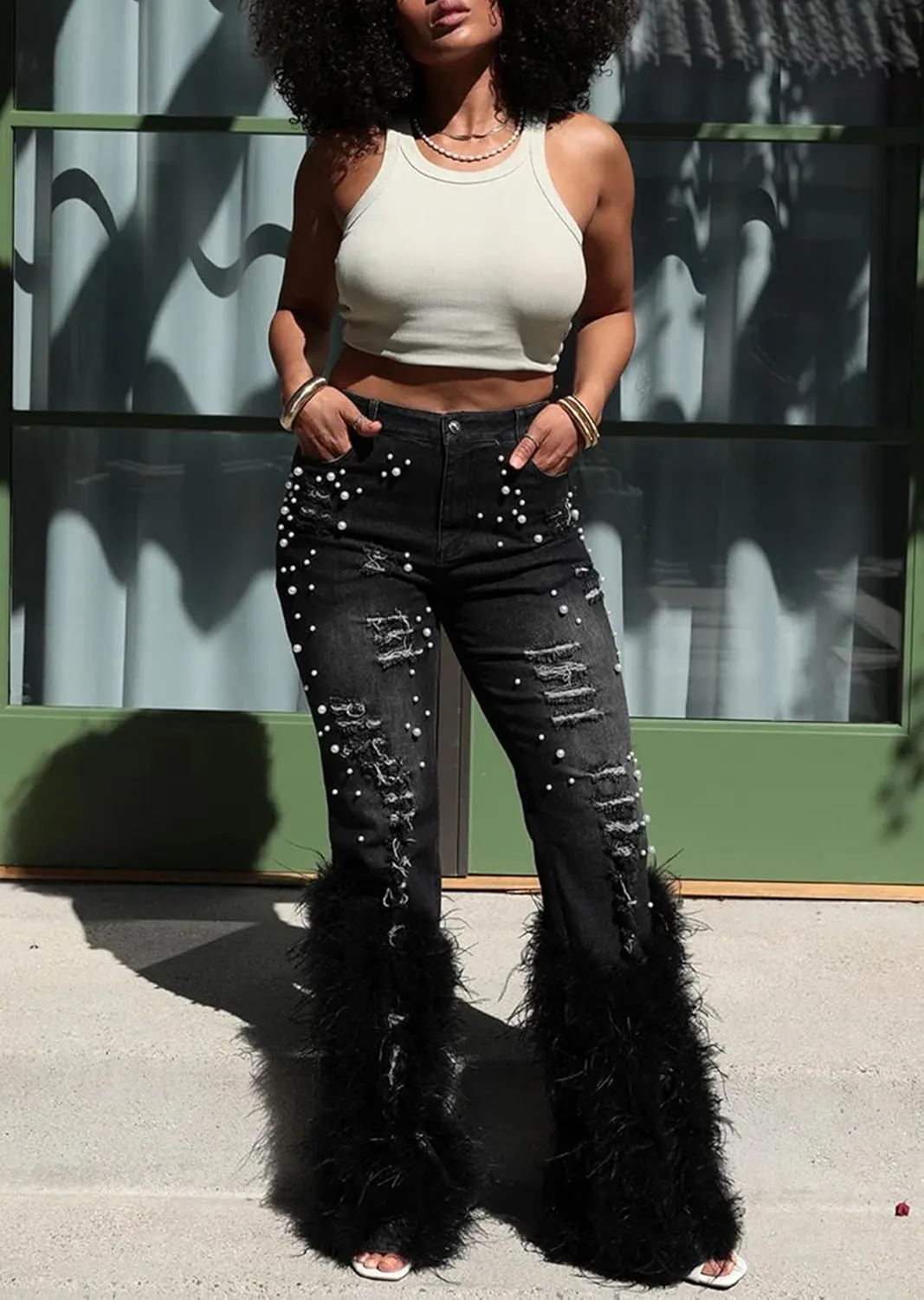 LETSVDO Women's Flare Ripped Pearl Jeans High Waist Distressed Feather Bell Bottom Stretchy Denim Pants