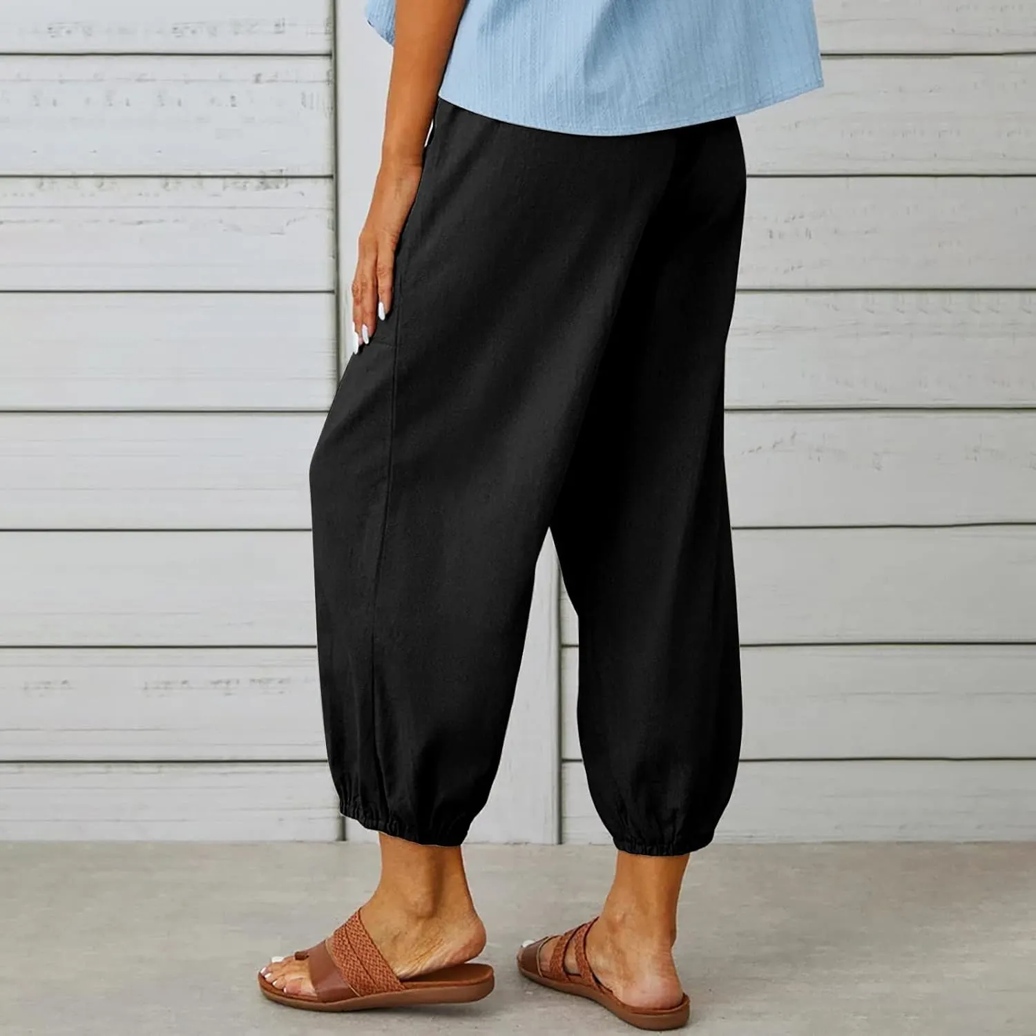 Lightweight Casual Summer Pants for Women Trendy Elastic High Waisted Cotton Linen Cropped Pant Trousers Loose Comfy