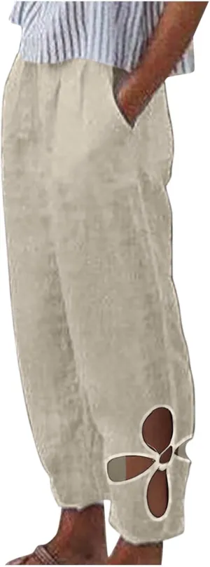 Linen Capri Pants for Women 2024 High Waisted Pants Summer Casual Loose Wide Leg Trousers Cropped Pants with Pockets