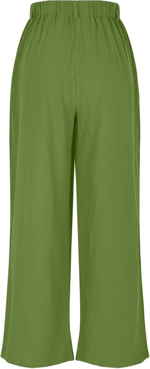 Linen Pants Women Casual Wide Leg Pleated Cropped Trouser Summer High Waist Lounge Palazzo Lightweight Beach Pants
