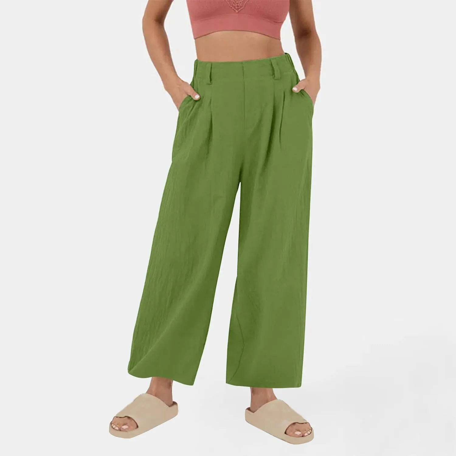 Linen Pants Women Casual Wide Leg Pleated Cropped Trouser Summer High Waist Lounge Palazzo Lightweight Beach Pants