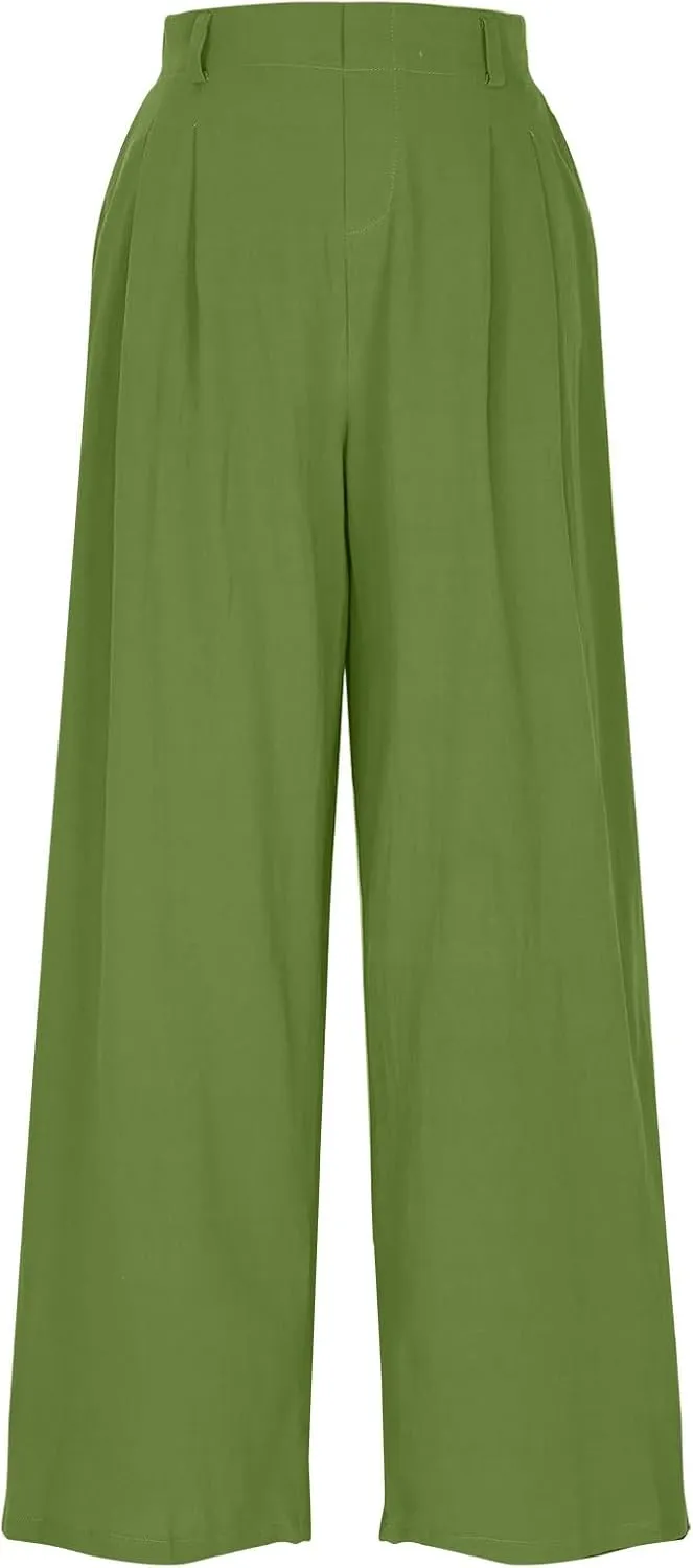 Linen Pants Women Casual Wide Leg Pleated Cropped Trouser Summer High Waist Lounge Palazzo Lightweight Beach Pants