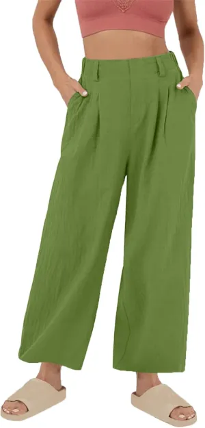 Linen Pants Women Casual Wide Leg Pleated Cropped Trouser Summer High Waist Lounge Palazzo Lightweight Beach Pants
