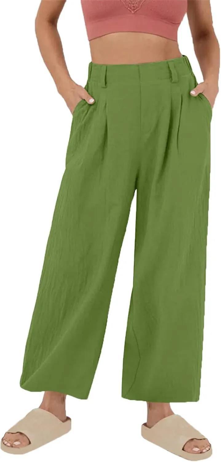 Linen Pants Women Casual Wide Leg Pleated Cropped Trouser Summer High Waist Lounge Palazzo Lightweight Beach Pants
