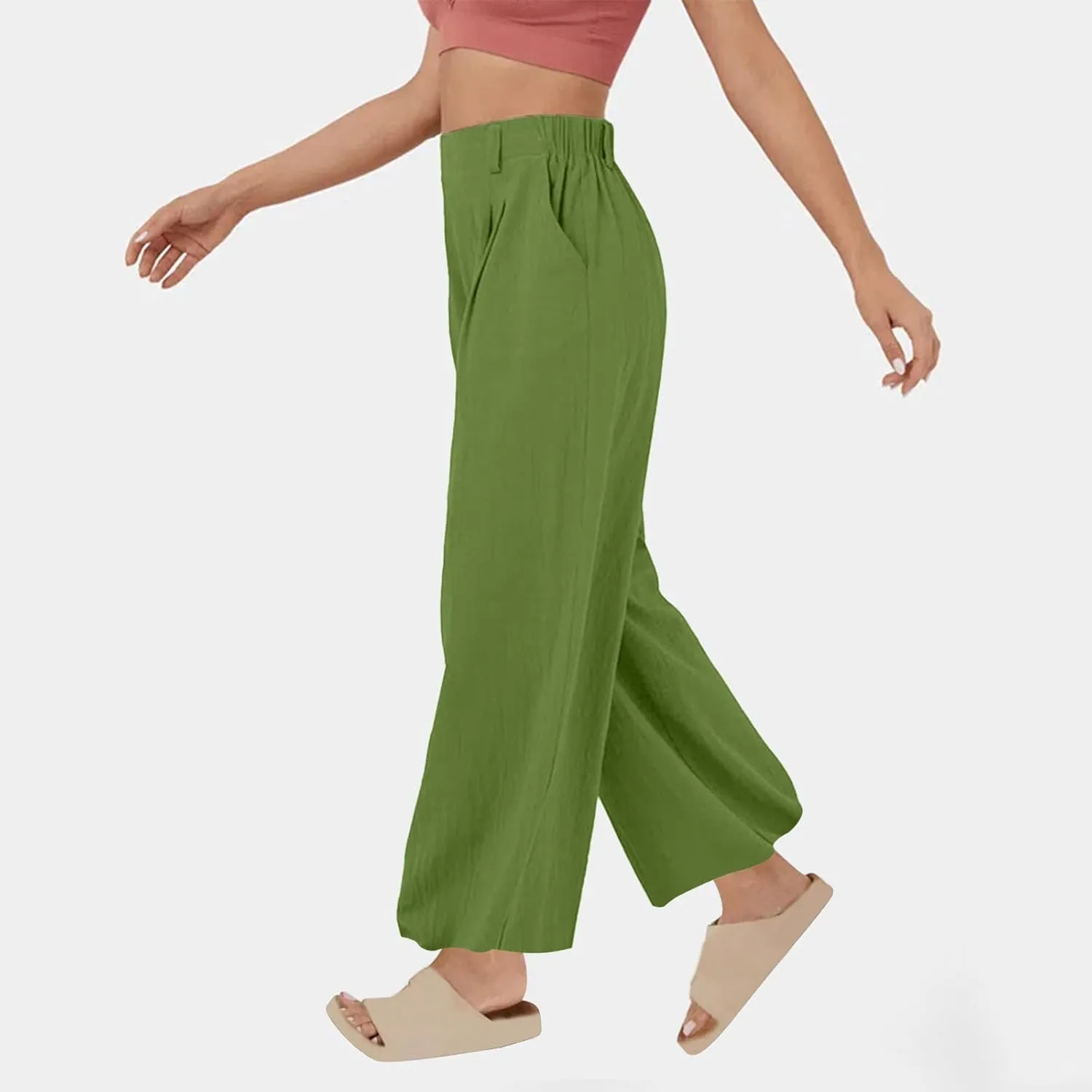 Linen Pants Women Casual Wide Leg Pleated Cropped Trouser Summer High Waist Lounge Palazzo Lightweight Beach Pants